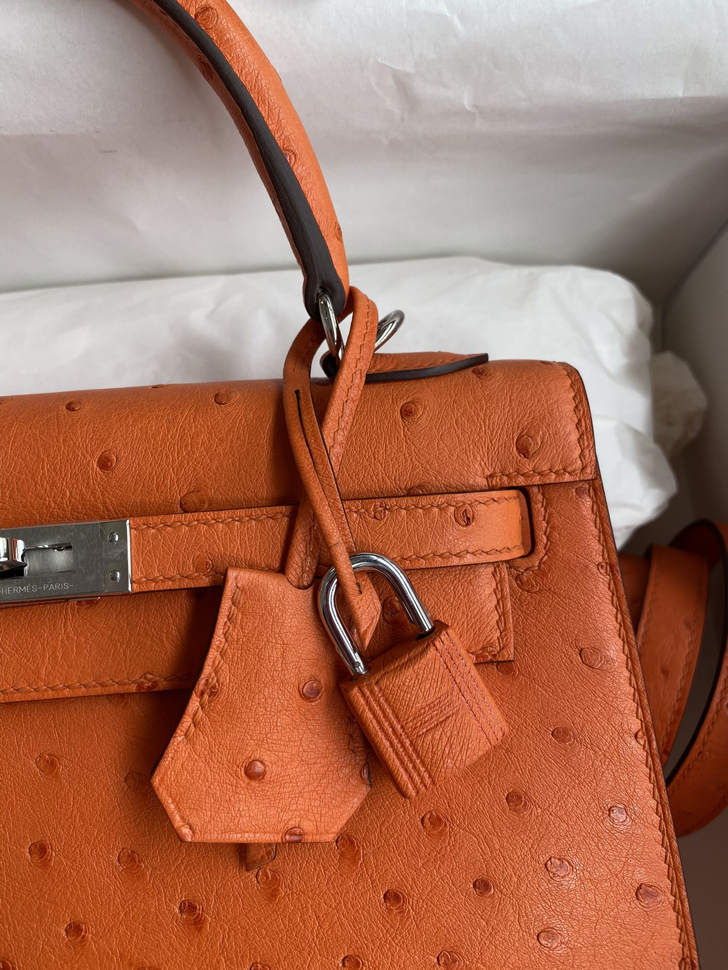 Hermes Kelly 25cm Handbag Shoulder Bag in Orange Ostrich Leather